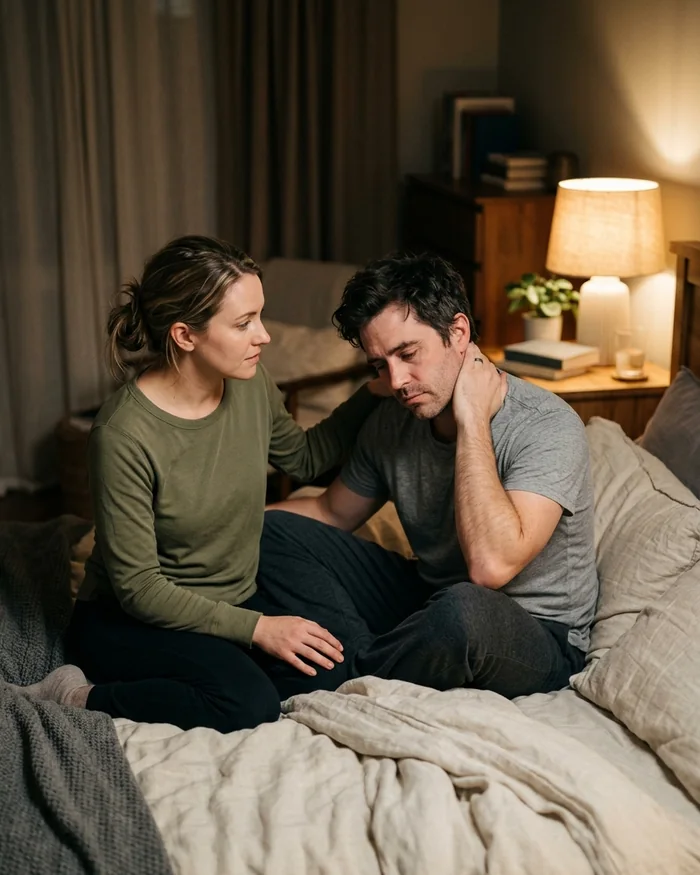 Couple sitting together in bed at night