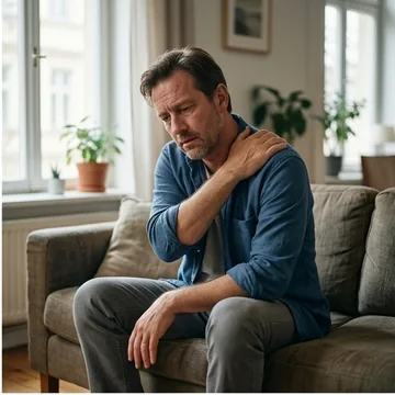 Man holding his stiff shoulder on the couch in the morning