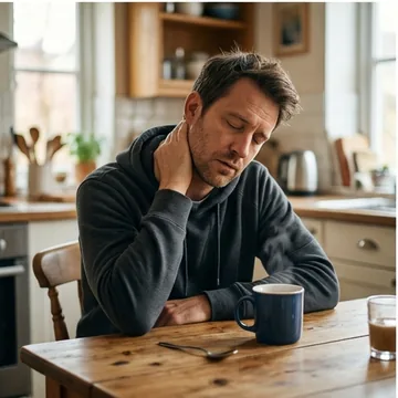 Tired man at the kitchen table holding his neck